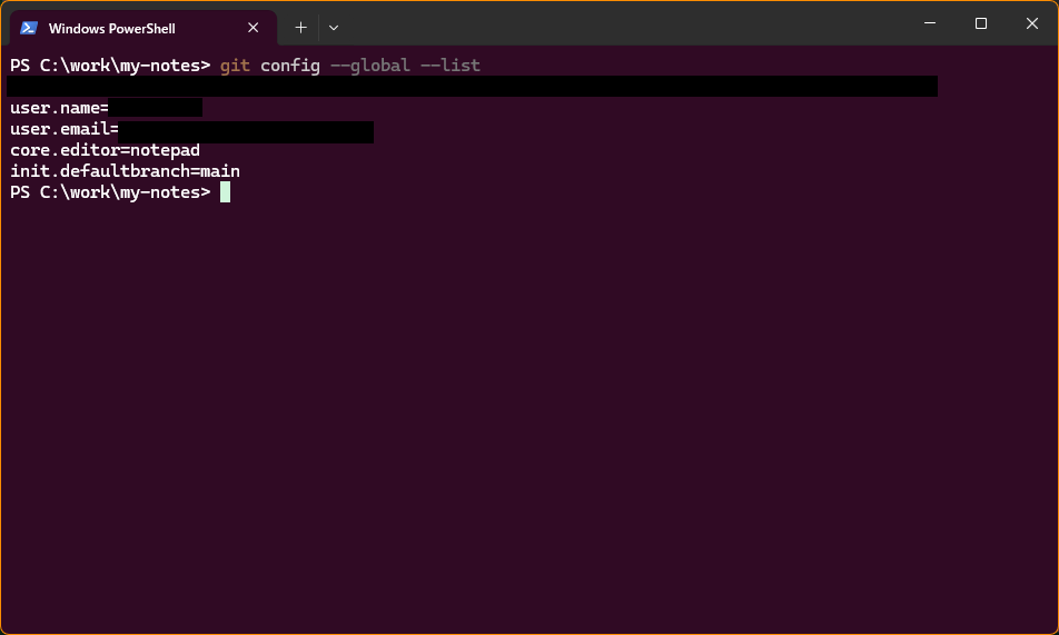 git config --global --list の実行画面。user.name、user.email、core.editor が表示されている