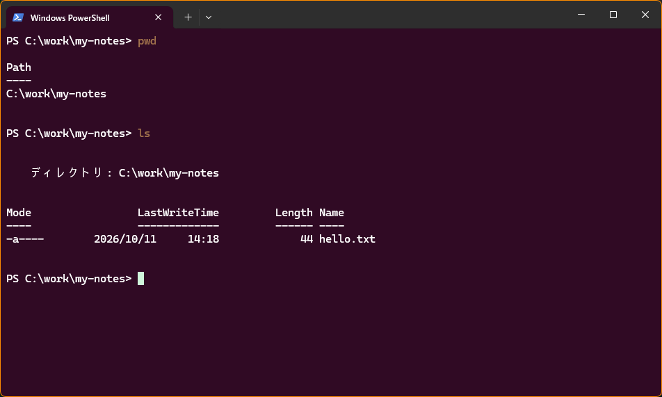 PowerShell を開いた画面。タブに Windows PowerShell と出て、行の先頭に PS C:\work\my-notes> と表示されている