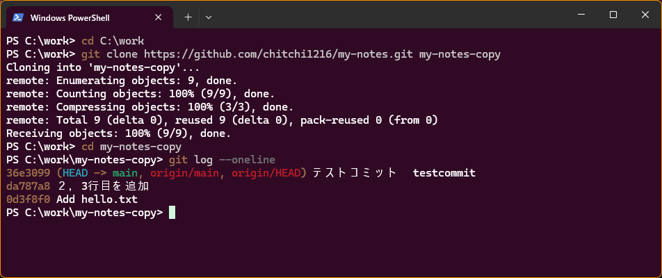 git clone と git log --oneline を実行した実際の画面