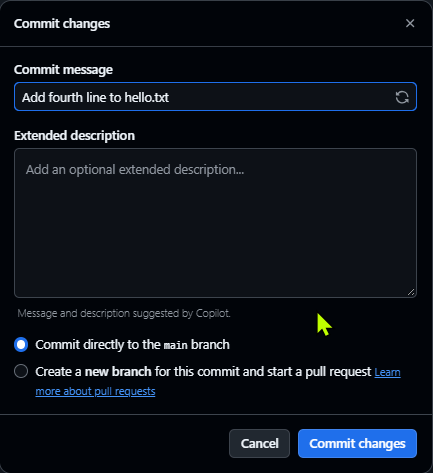 Commit changes の画面。Commit message にメッセージが入り、Commit directly to the main branch が選ばれている