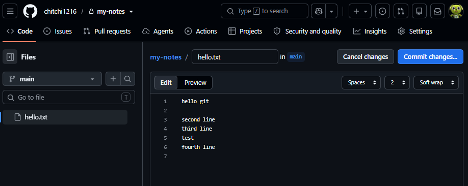 GitHub の画面でファイルを編集し、Commit changes を押す画面