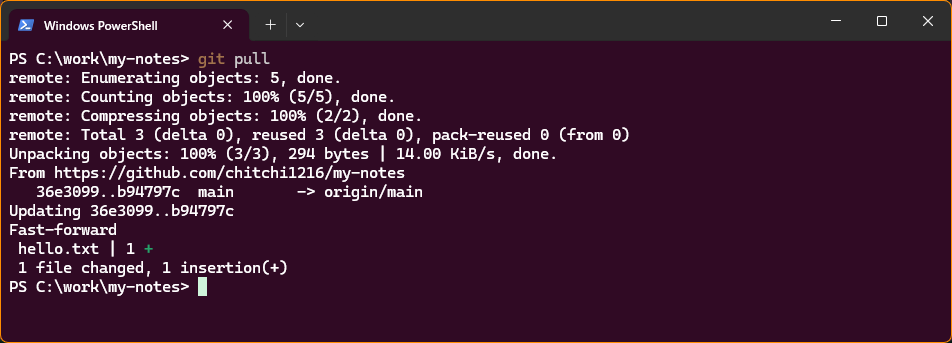 いつものパソコン（my-notes）で git pull を実行した実際の画面。Fast-forward と出ている