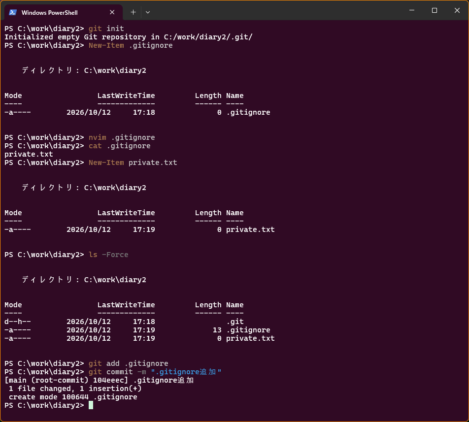PowerShell で、git init から .gitignore と private.txt を作り、ls -Force で確かめて、.gitignore を記録するまでを打った画面
